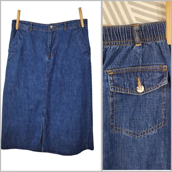 Vintage Denim Skirt Size 6 30" Jean Below The Knee Length Denim Stretch Waist - Picture 1 of 8